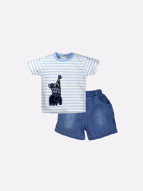 

BABY GO Boys Blue & White Striped Round Neck T-shirt with Shorts