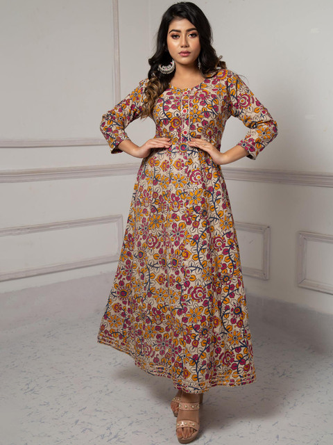 

Unnati Silks Women Multicoloured Floral Printed Flared Sleeves Floral Handloom Kurta, Multi