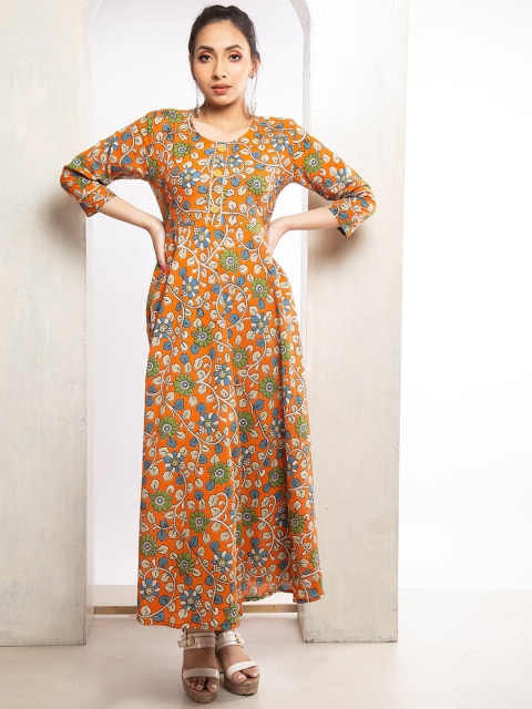 

Unnati Silks Women Orange Floral Printed Thread Work Floral Handloom Anarkali Kurta