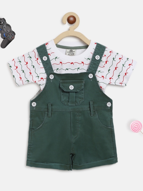 

HOMEGROWN Infant Boys Green & White Solid Dungaree With T-Shirt