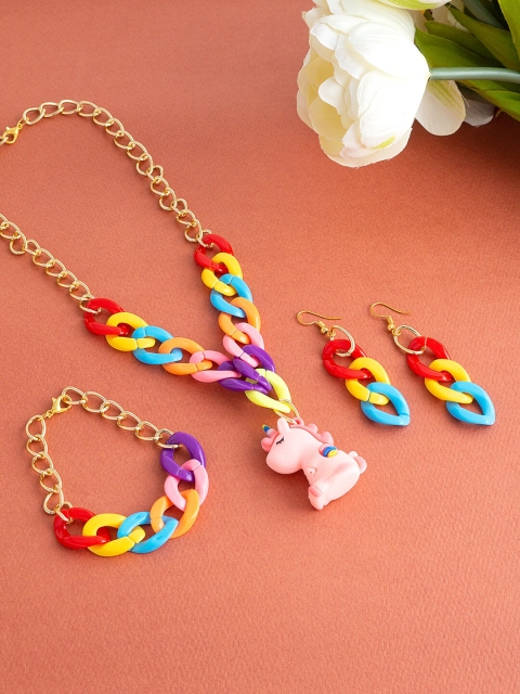 

Golden Peacock Girls Gold-Plated Yellow & Blue Unicorn Charm Jewelry Set