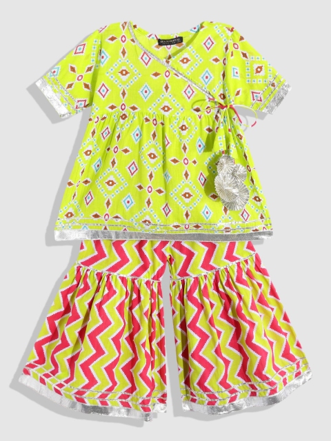 

Readiprint Fashions Girls Fluorescent Green Printed Angrakha Gotta Patti Pure Cotton Kurti with Sharara