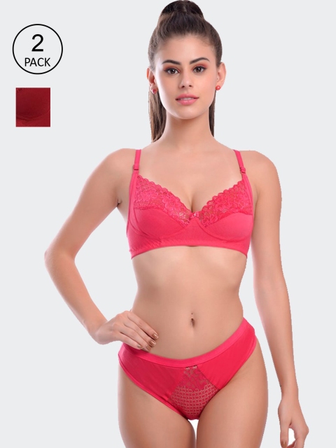 

Fleurt Women Maroon & Pink Pack Of 2 Self-Design Lingerie Set