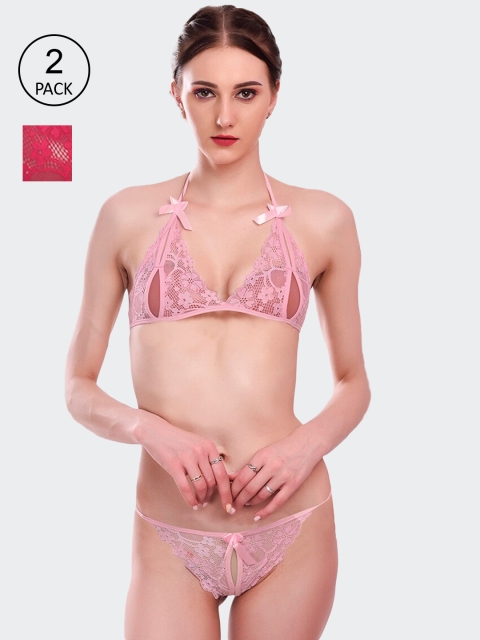 

Fleurt Pack Of 2 Pink & Maroon Lace Lingerie Set