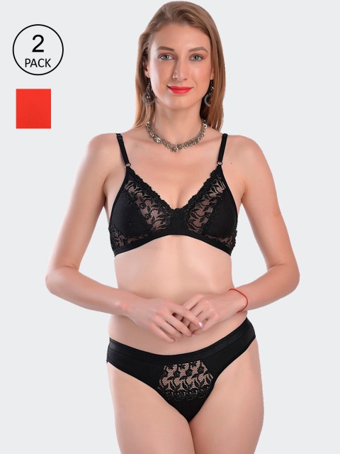 

Fleurt Women Pack of 2 Red & Black Self Design Lingerie Set Fleurt-L.Set-Rose-RD-BK-38
