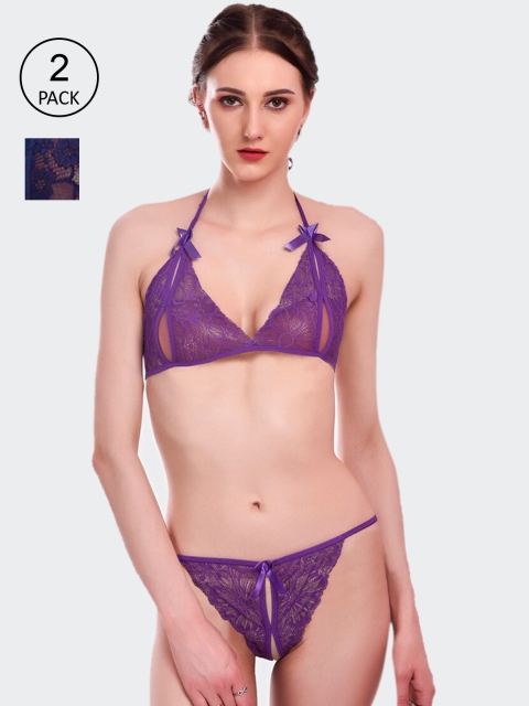 

Fleurt Women Set Of 2 Self-Design Lingerie Set, Purple