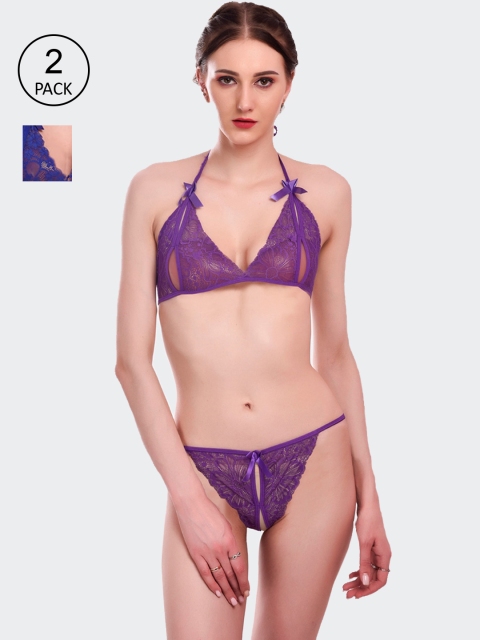 

Fleurt Pack Of 2 Purple & Blue Lace Lingerie Set