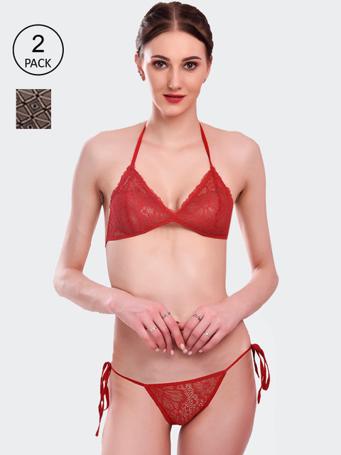 

Fleurt Set Of 2 Self Design Lingerie Set Fleurt-L.Set-208-NEW-RD-BK, Red