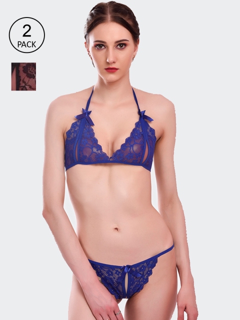 

Fleurt Pack Of 2 Blue & Black Lace Lingerie Set