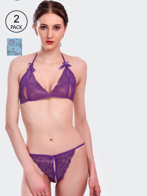 

Fleurt Set Of 2 Self Design Lingerie Set Fleurt-L.Set-206-PR-S.BL, Purple