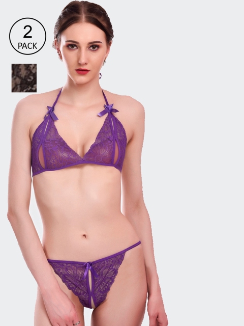 

Fleurt Pack Of 2 Purple & Black Lace Lingerie Set