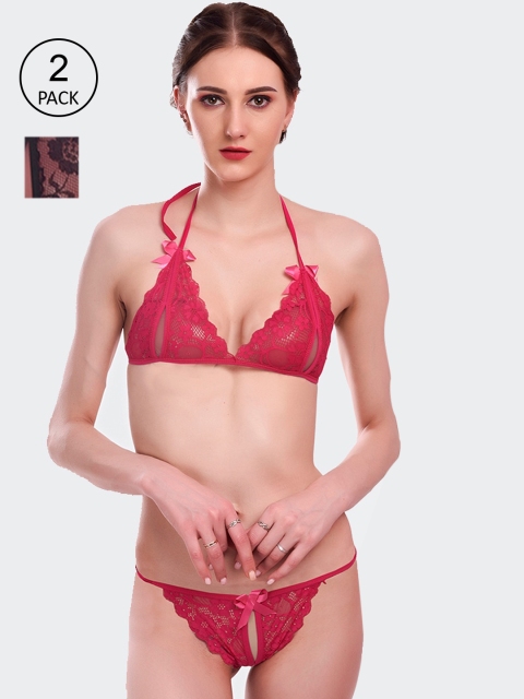 

Fleurt Set Of 2 Self Design Lingerie Set Fleurt-L.Set-206-MR-BK, Pink