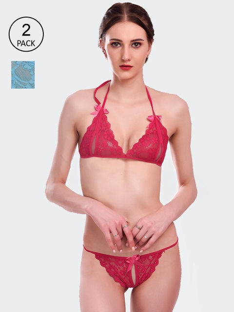 

Fleurt Pack Of 2 Maroon & Blue Lace Lingerie Set