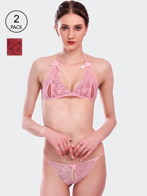 

Fleurt Pack Of 2 Red & Pink Lace Lingerie Set