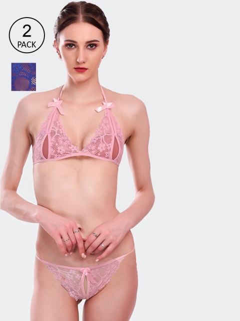 

Fleurt Pack Of 2 Blue & Pink Lace Lingerie Set