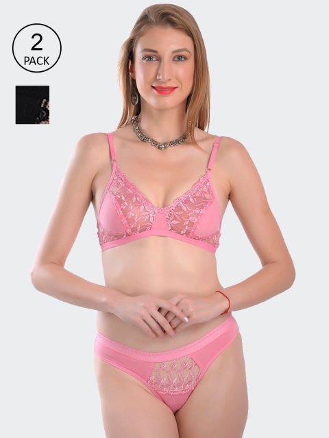 

Fleurt Set Of 2 Self Design Lingerie Set Fleurt-L.Set-Rose-BK-PK-30, Black