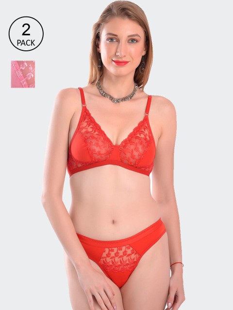 

Fleurt Pack Of 2 Red & Pink Lace Lingerie Set