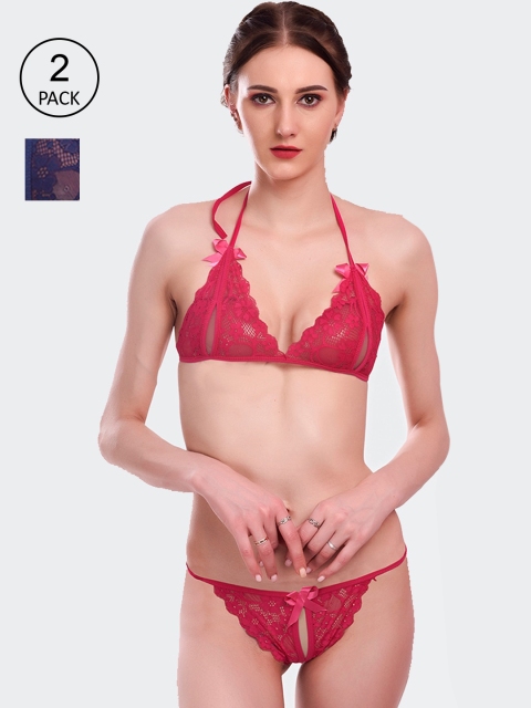

Fleurt Pack Of 2 Maroon & Navy Blue Lace Lingerie Set