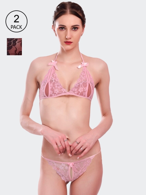 

Fleurt Pack Of 2 Pink & Black Lace Lingerie Set