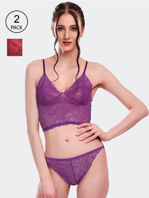 

Fleurt Pack Of 2 Purple & Maroon Lace Lingerie Set