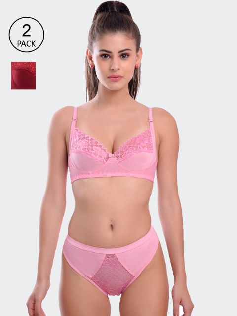 

Fleurt Set Of 2 Self Design Lingerie Set, Maroon