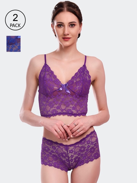 

Fleurt Set Of 2 Self Design Lingerie Set Fleurt-L.Set-170-PR-R.BL-S, Purple