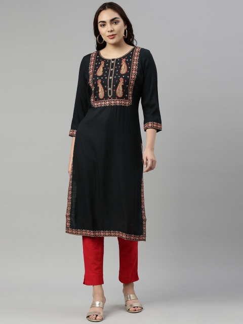 

Neerus Women Olive Green Ethnic Motifs Yoke Design Keyhole Neck Kurta