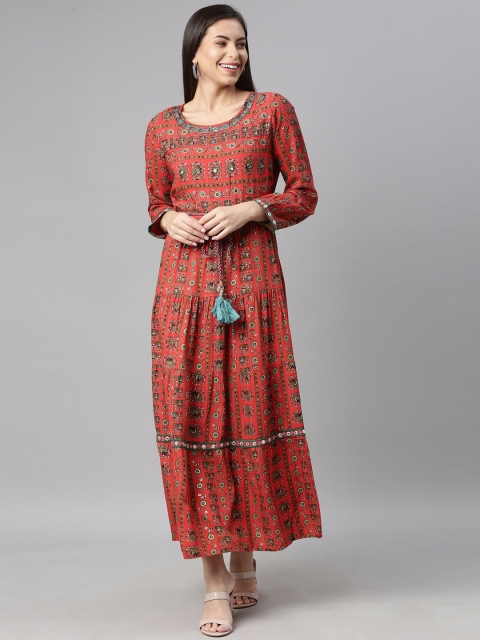 

Neerus Women Red & Green Ethnic Motifs Printed Mirror Work Anarkali Kurta