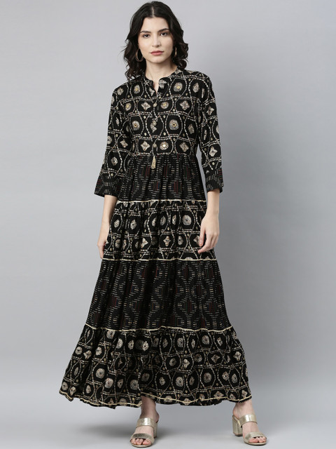 

Neerus Women Black Ethnic Motifs Printed Fit & Flare Maxi Dress