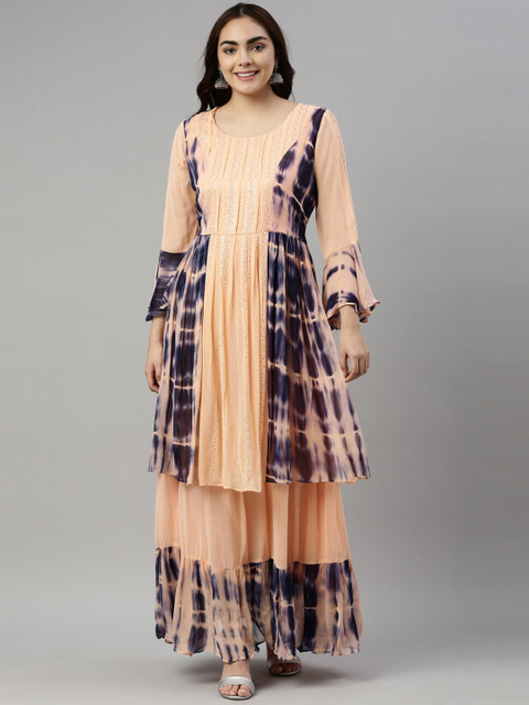 

Neerus Women Peach-Coloured & Blue Printed Flared Sleeves Georgette Anarkali Kurta