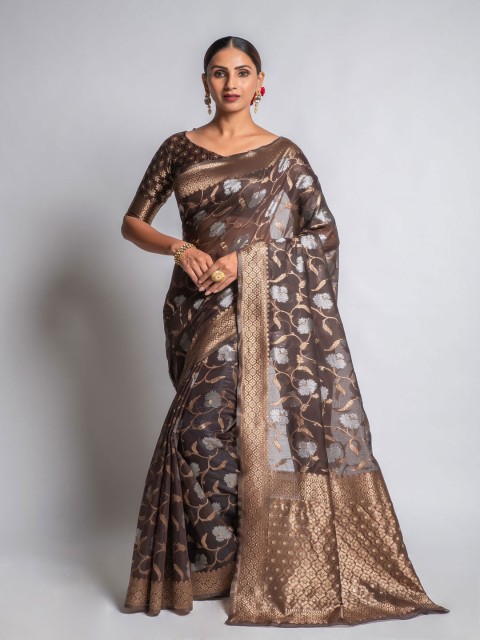 

Lilots Coffee Brown & Gold-Toned Woven Design Floral Zari Cotton Blend Saree
