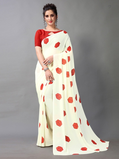 

HRITIKA Cream-Coloured & Red Saree