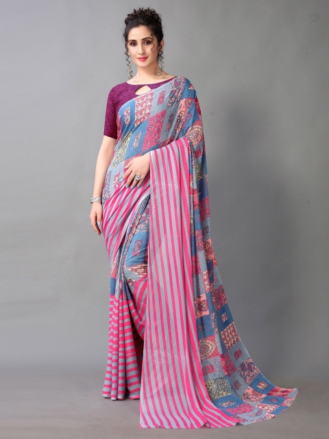 

HRITIKA Pink & Blue Ethnic Motifs Saree