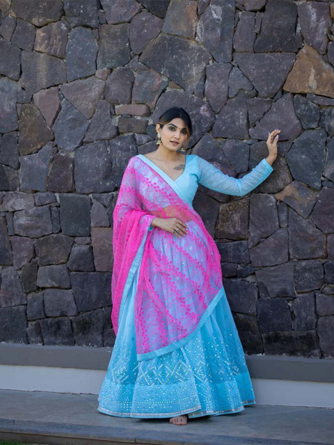 

Sangria Blue & Magenta Embellished Sequinned Semi-Stitched Lehenga & Blouse With Dupatta