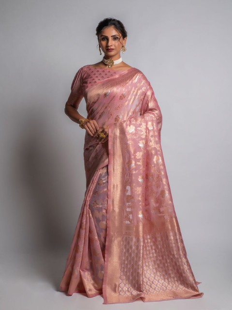 

Lilots Pink & Gold-Toned Floral Woven Design Zari Khadi Saree