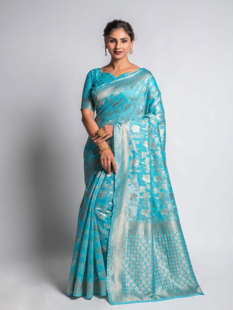 

Lilots Blue & Gold-Toned Floral Woven Design Zari Khadi Saree