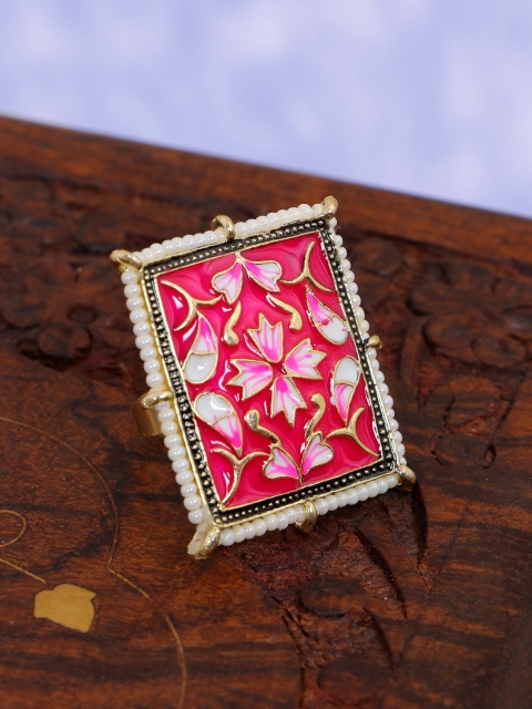 

Crunchy Fashion Gold-Plated Pink Square-Shaped Meenakari Finger Ring