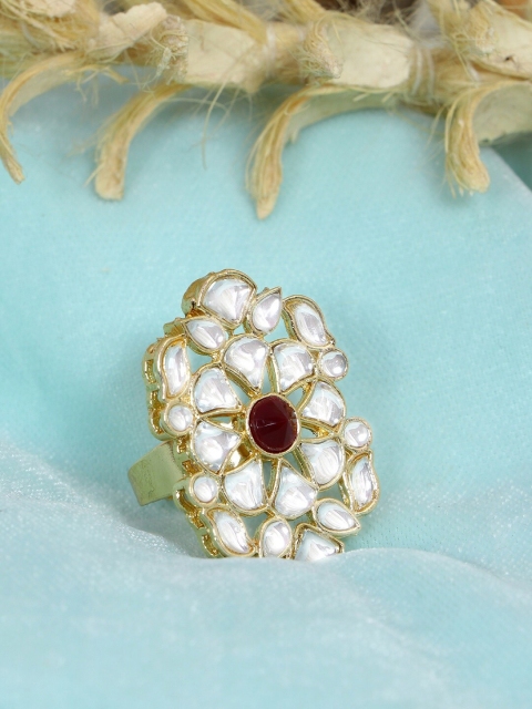 

Crunchy Fashion Gold-Plated White & Red Kundan-Studded Finger Ring