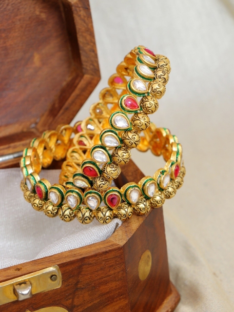 

Crunchy Fashion Set Of 2 Gold-Plated Enamelled Kundan Studded Bangles