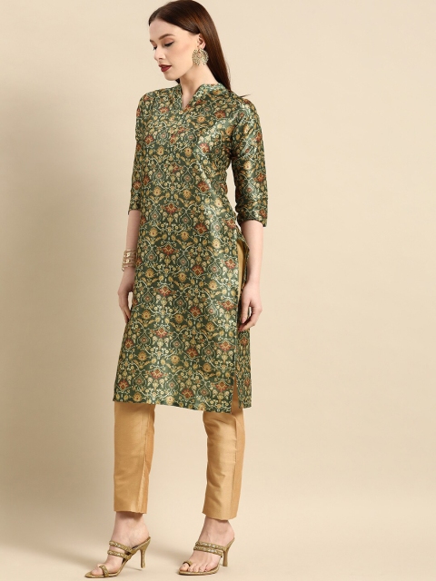 

Sangria Women Green & Beige Ethnic Motifs Block Print Kurta