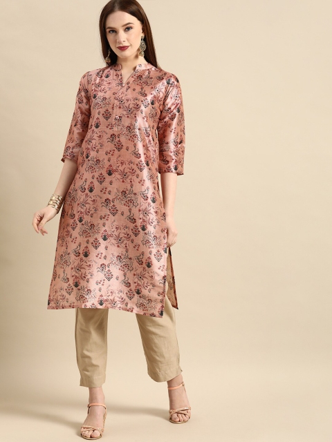 

Sangria Women Pink Floral Printed Keyhole Neck Flared Sleeves Floral Chanderi Silk Pathani Kurta
