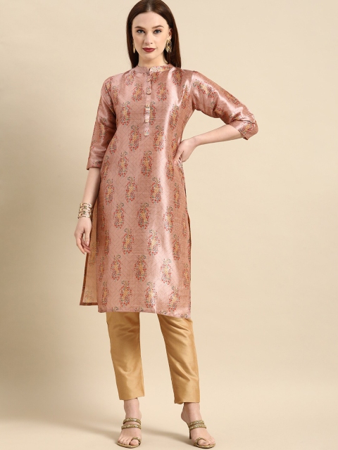 

Sangria Women Peach-Coloured Floral Chanderi Silk Kurta