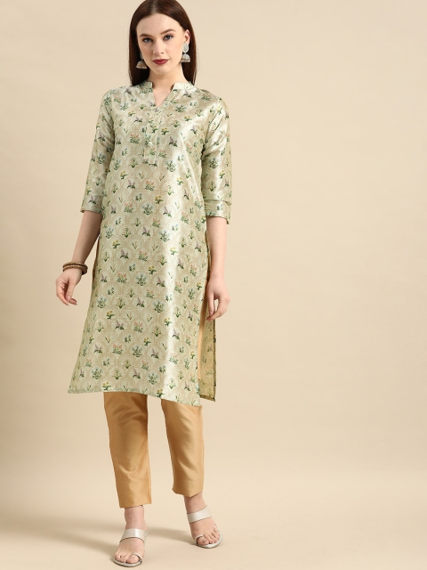 

Sangria Women Sea Green Geometric Printed Keyhole Neck Thread Work Floral Chanderi Silk Kurta