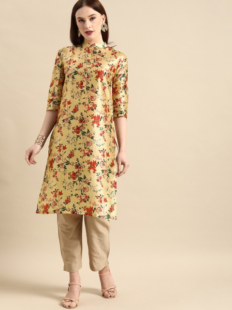 

Sangria Women Yellow Floral Printed Flared Sleeves Floral Chanderi Silk Pathani Kurta