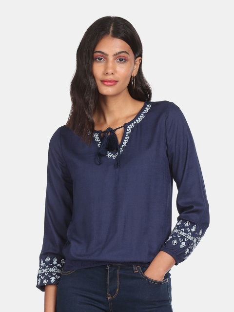 

Aeropostale Blue Print Tie-Up Neck Blouson Top