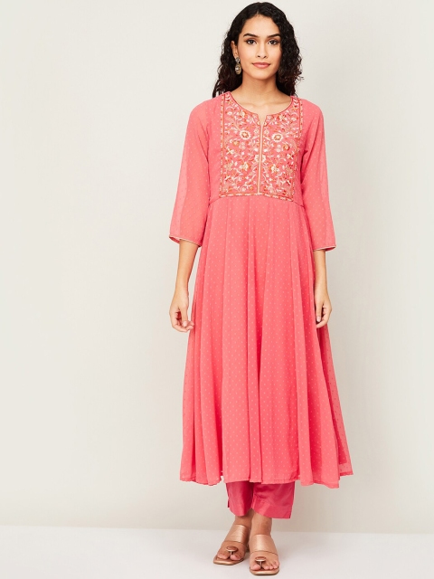 

Melange by Lifestyle Women Coral Floral Embroidered Panelled Thread Work Kurta with Trousers & With Dupatta