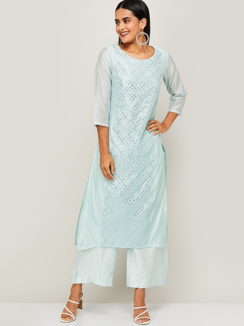 

Melange by Lifestyle Women Turquoise Blue Mirror Work Kurti with Trousers & With Dupatta