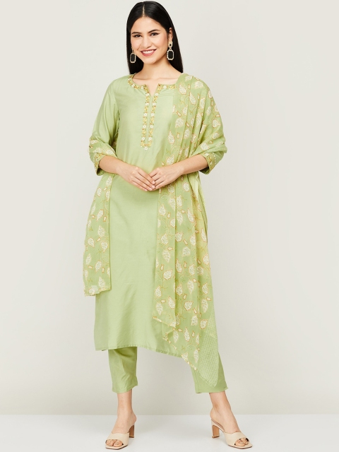 

Melange by Lifestyle Women Green Yoke Design Kurta with Trousers & With Dupatta