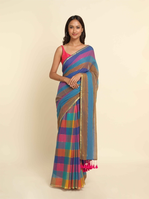 

Suta Blue & Pink Checked Cotton Blend Saree