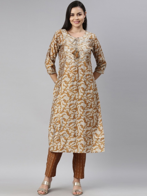 

Neerus Women Gold-Toned & Brown Ethnic Motifs Printed Mirror Work Kurta with Trousers